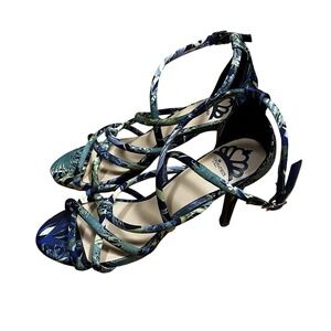Fergalicious Hannah Strappy Heel Blue Tropical Floral Fabric Sandal 7.5M Party